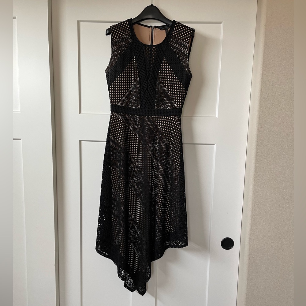 BCBG Max Azria Eyelet knit dress with nude knit lining, handkerchief hem, XS
